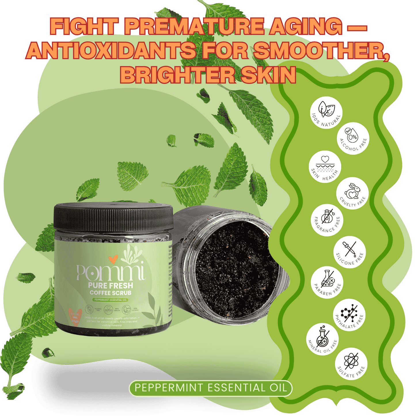 Pure Fresh Coffee Scrub | Peppermint Essential Oil - Natural Exfoliating & Anti-Aging Body Scrub